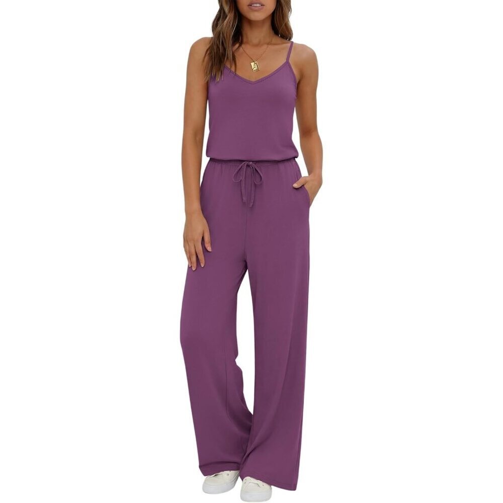 Women's Purple Summer Dressy Sleeveless Wide Leg Long Pant Romper Jumpsuit